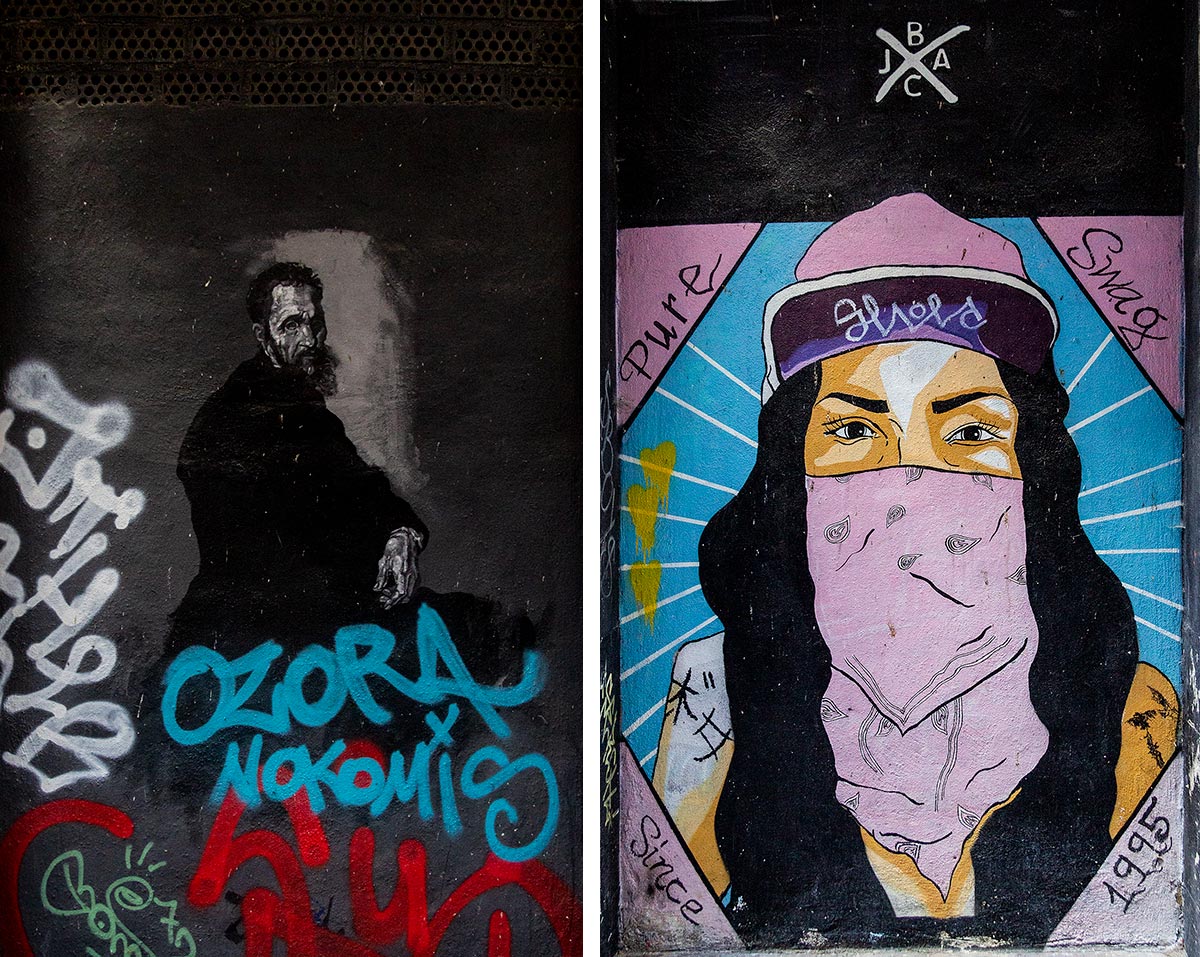Portraits by street artists Zoilo and Jesús Azuaga in Malaga's Soho district.