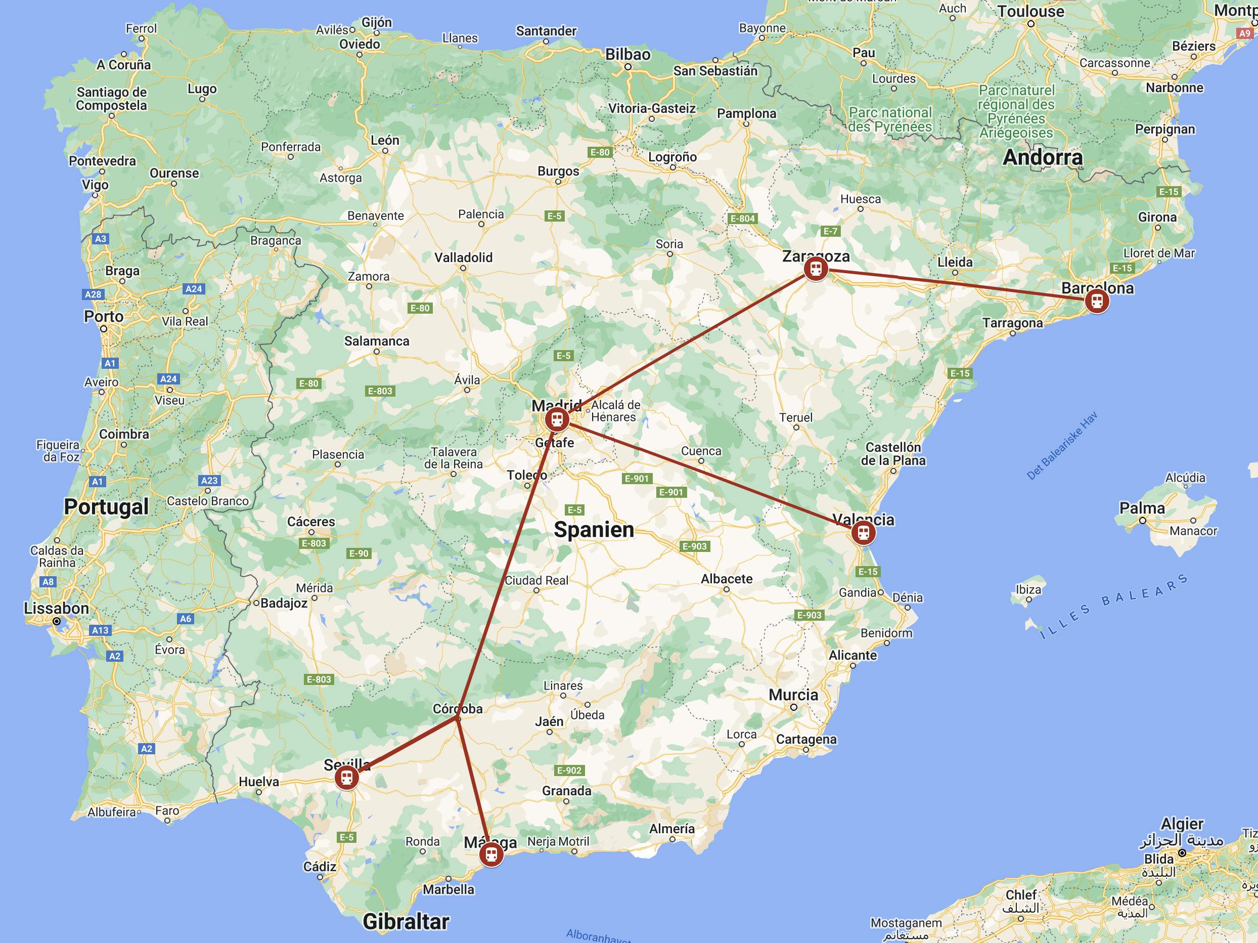 Forslag til rute med højhastighedstog i Spanien