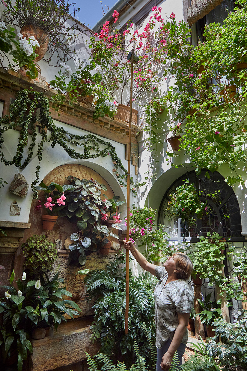 Córdoba tiene una regadera especial en los patios, que consiste en un palo largo con una taza en el extremo.