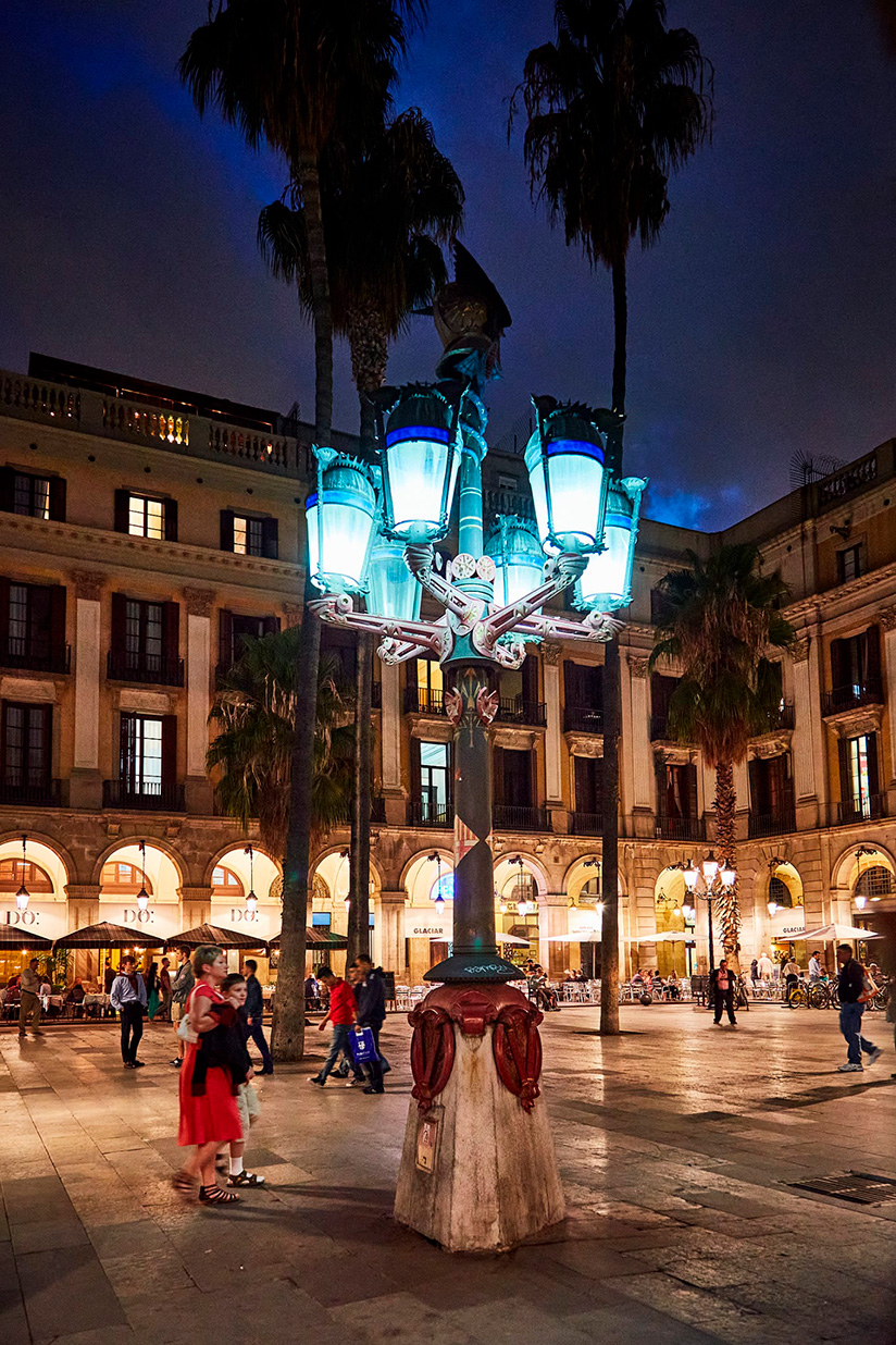 Gaudí's lampposts at Plaça Reial in Barcelona.